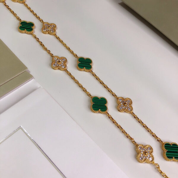 Toxse Vintage Alhambra Malachite Diamonds 20 Motifs Long Clover Necklace - Image 7